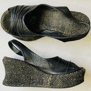 CLONE ITALY BARNEYS NEW YORK PLATFORM WEDGE HEEL TWEED LEATHER SANDALS SHOE 8